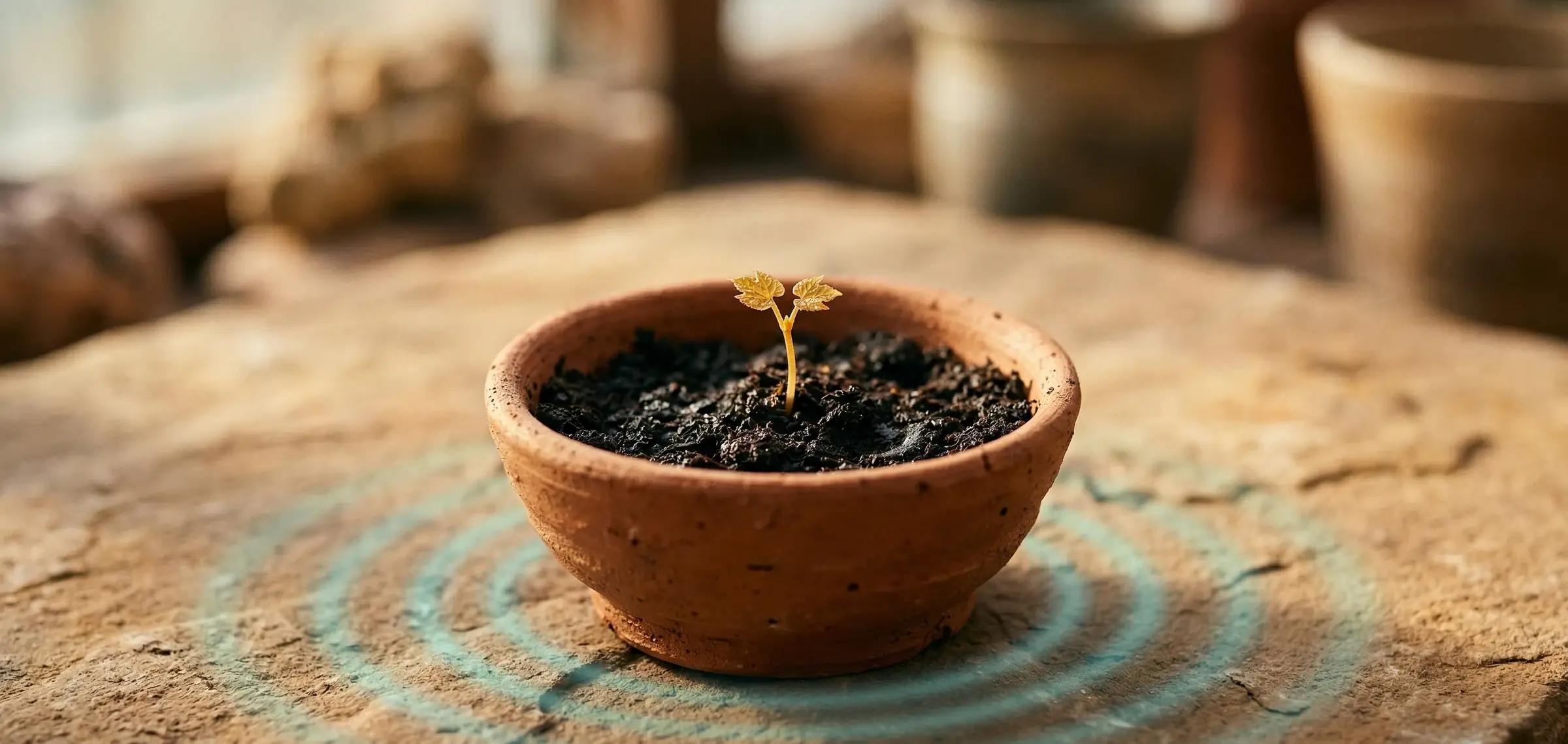 A terracotta bowl filled with rich dark loam soil cradling a tiny honey-gold sprout, teal concentric rings radiating outward on a warm stone surface — a visual metaphor for Loam: the soil in which a meditation practice grows.