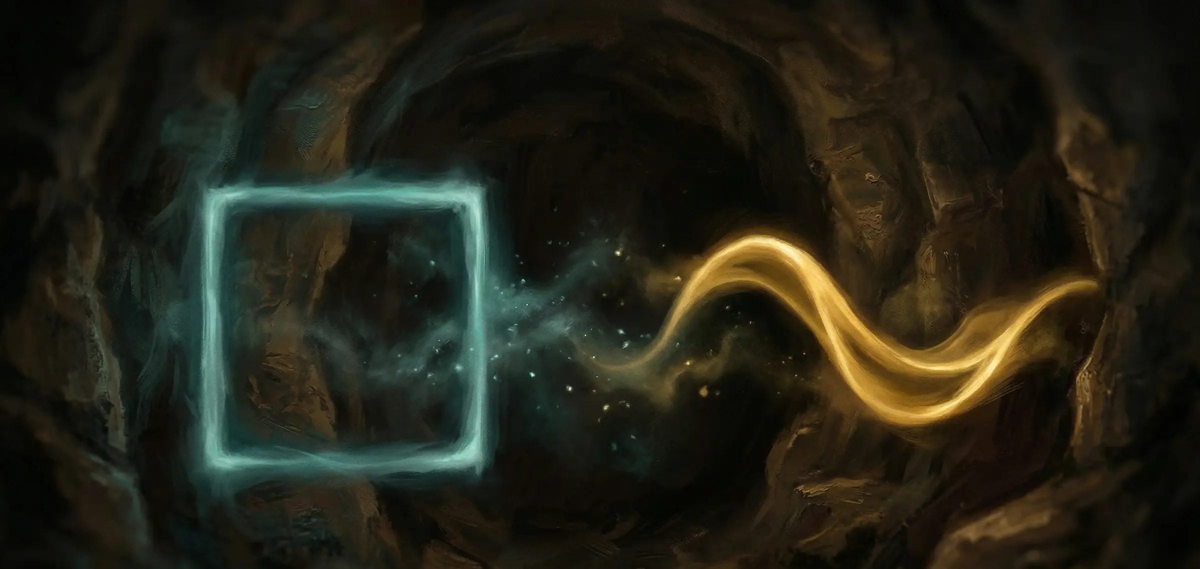 A glowing teal square dissolves into a flowing golden wave inside a stone tunnel — a visual metaphor for the shift from the structured four-count box of box breathing to the flowing exhale-dominant rhythm of 4-7-8 breathing.