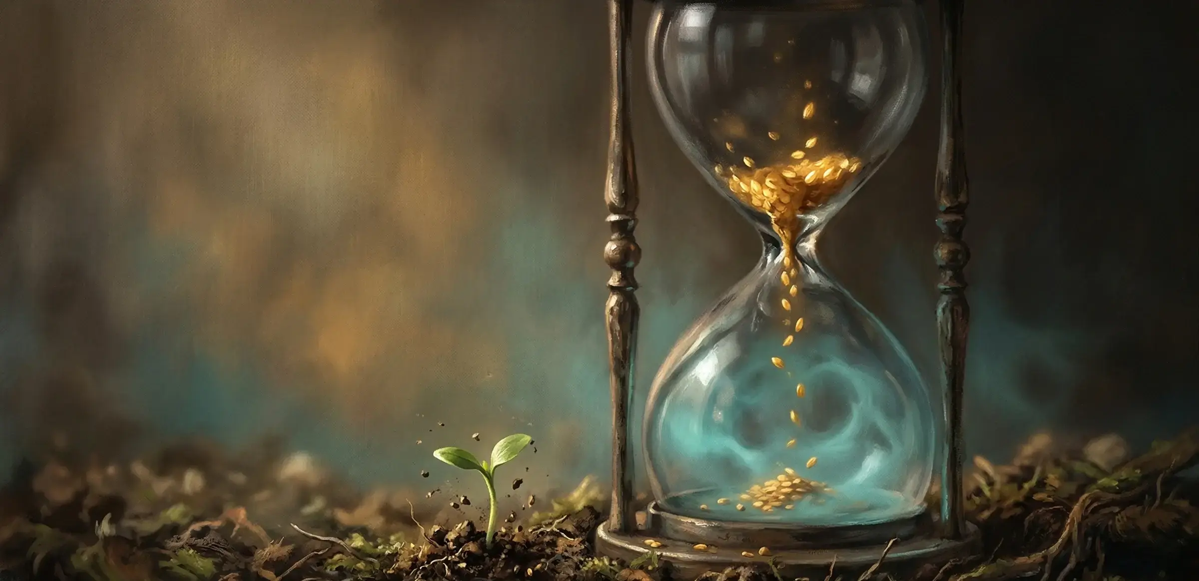 An ornate hourglass with glowing teal light and golden particles falling through time, a small green sprout growing in the earth beside it — a visual metaphor for the measured, consistent practice that grows into lasting calm.