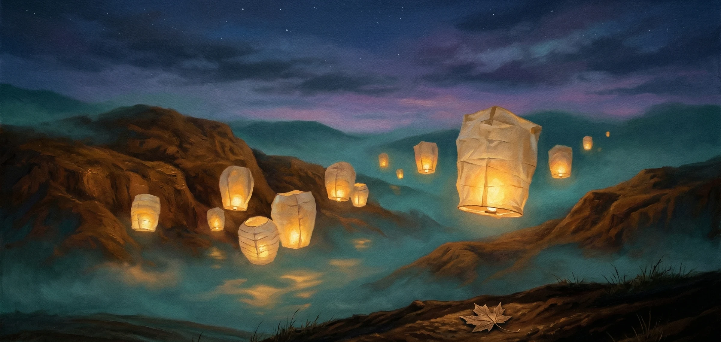 Dozens of glowing paper sky lanterns drifting upward through a twilight canyon, warm honey-gold light reflecting off misty stone ridges — a visual metaphor for insight rising through Loam's research-backed meditation and breathwork writing.