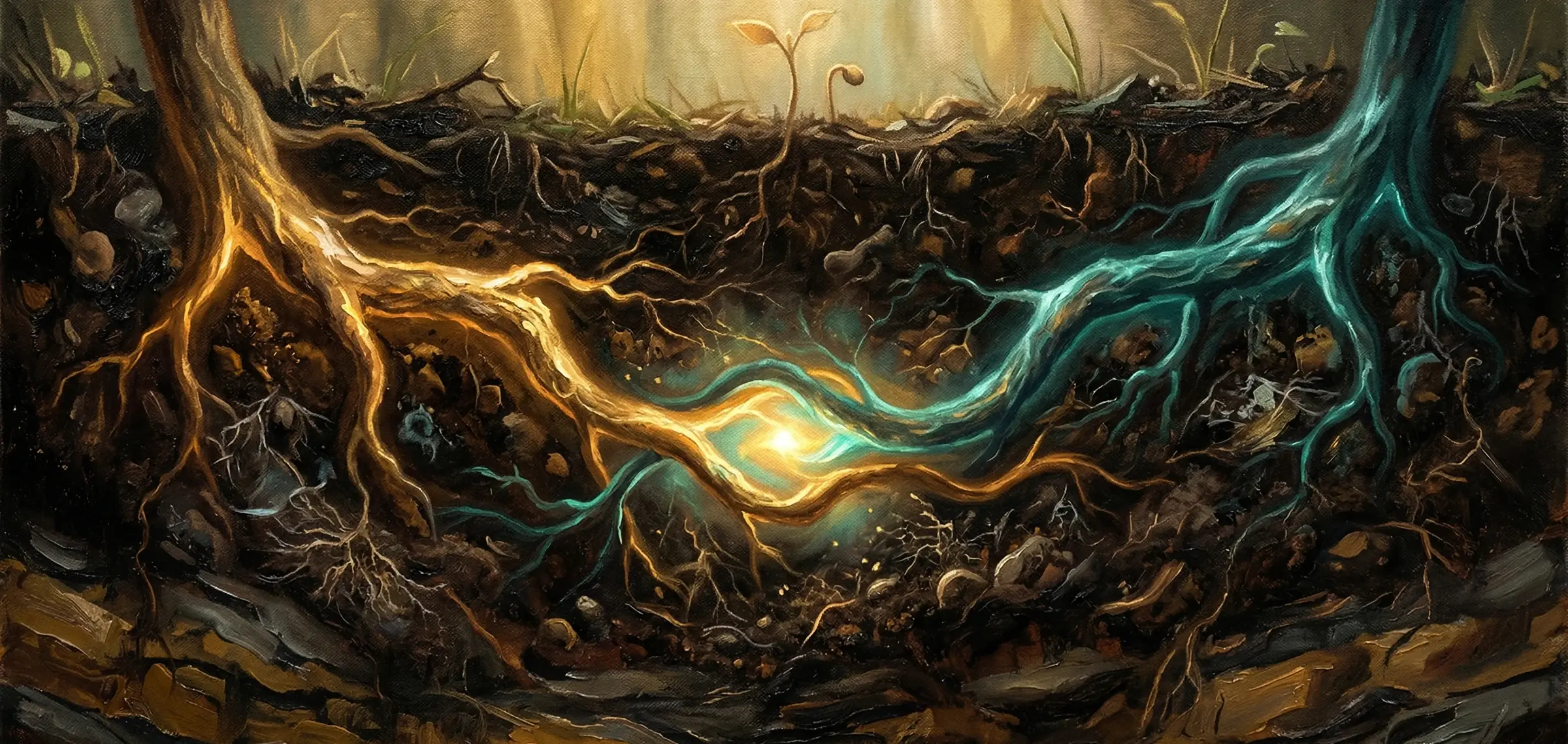 A cross-section of forest earth showing two glowing roots — gold and teal — converging at a radiant point underground while a single sprout emerges at the surface above — a visual metaphor for how formal meditation practice and informal mindfulness awareness share the same root before emerging as one integrated quality of attention.