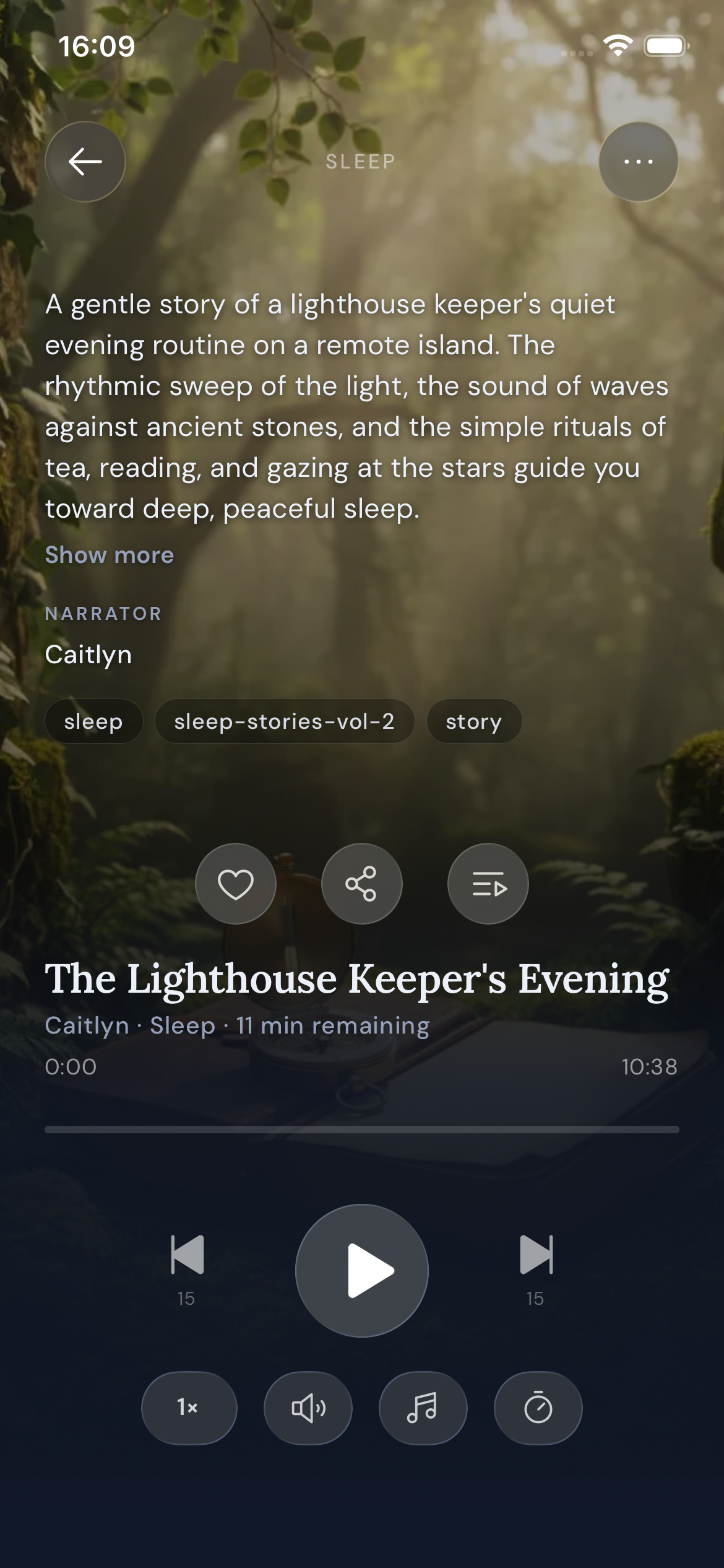 Sleep stories and soundscapes screen in Loam sleep meditation app
