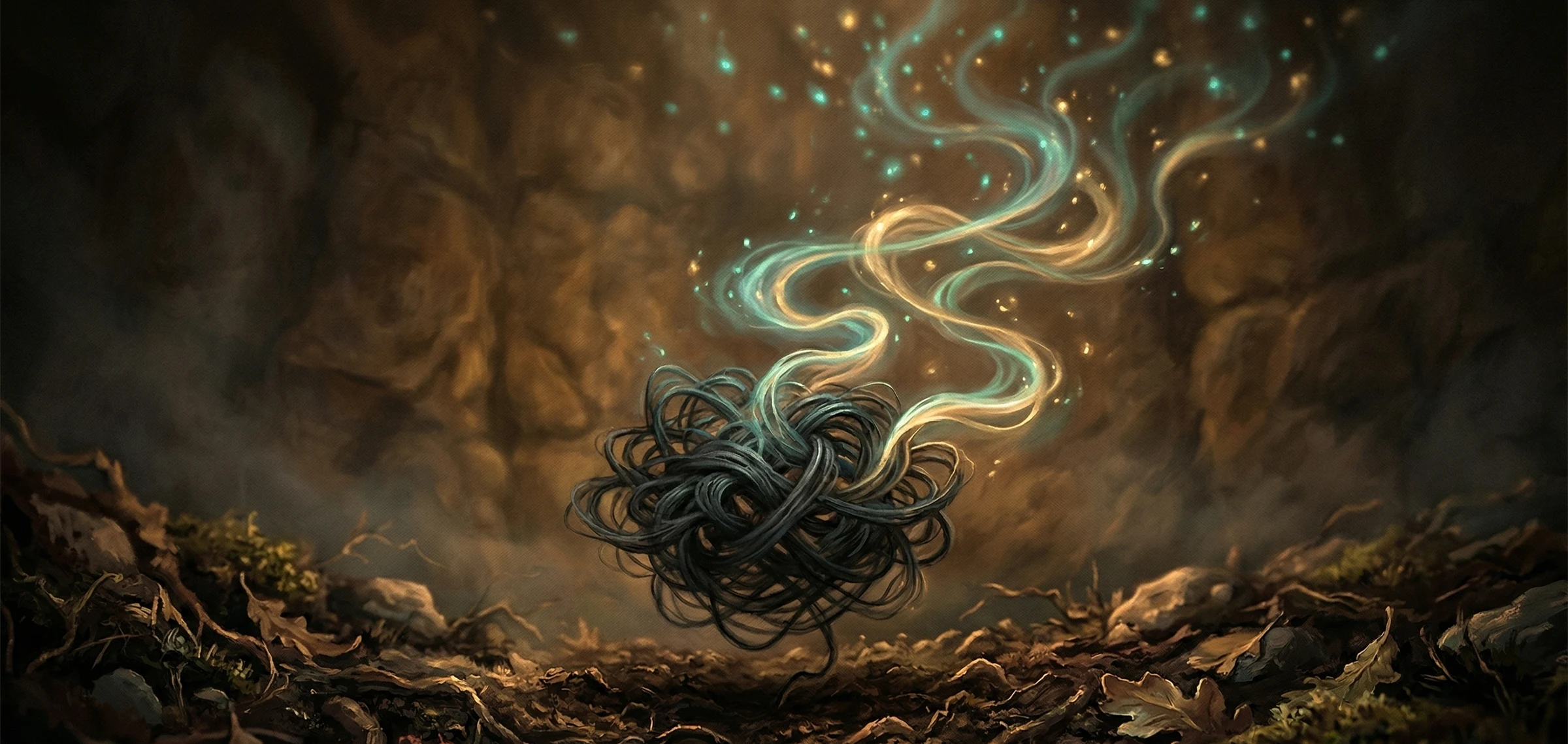 A dark tangled knot of smoky threads slowly unraveling into ribbons of twilight teal and honey-gold light rising upward — a visual metaphor for anxiety releasing through Loam's guided meditation and breathwork.