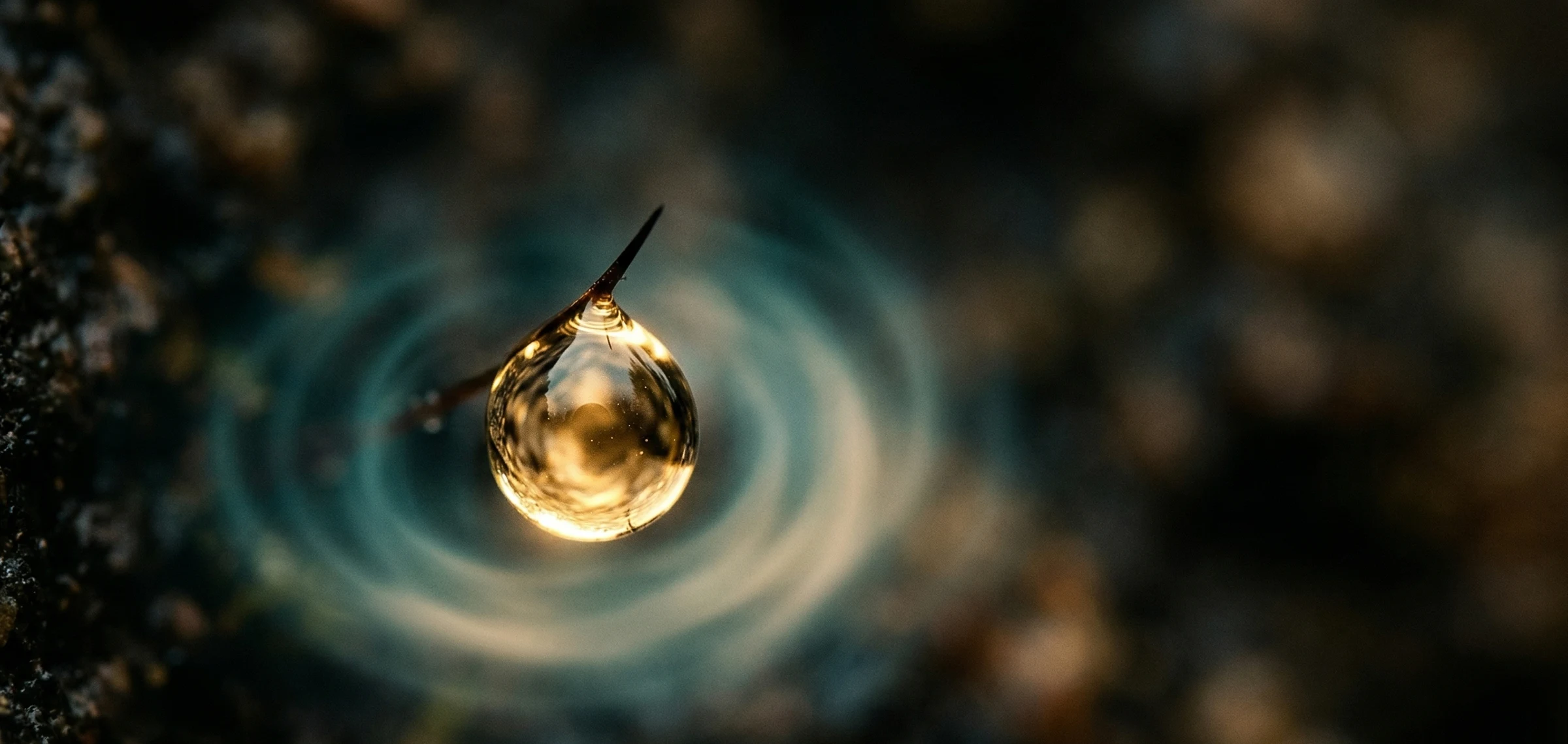 A single perfect golden dewdrop suspended in space with teal concentric rings radiating outward — a visual metaphor for the pure concentration and single-pointed focus that Loam's meditation sessions cultivate.
