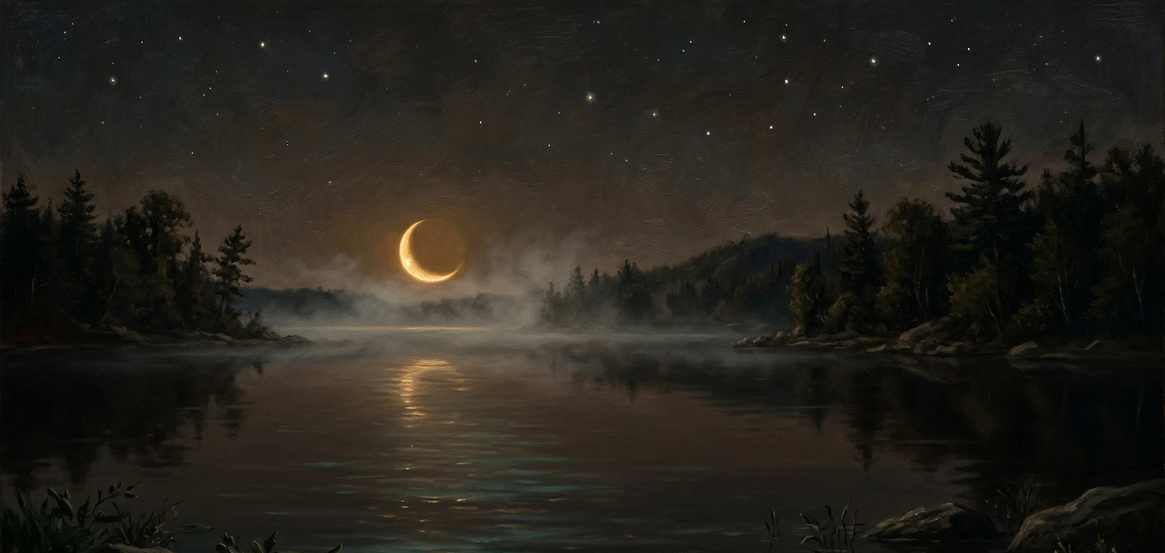 A crescent moon of warm honey-gold light reflected on a perfectly still dark lake at night, surrounded by pine forest and soft mist — evoking the deep rest and surrender of Loam's sleep meditations.
